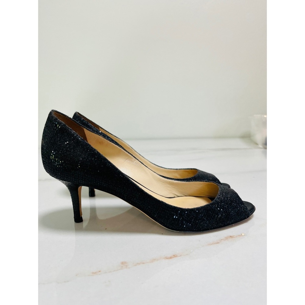 Jimmy Choo Isabel Peep Toe Heels Black Glitter 36.5 Kitten Heel Pump